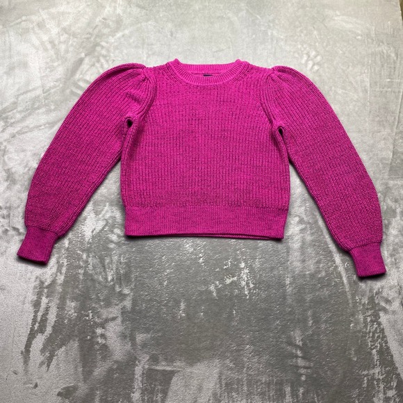 GAP Sweaters - GAP Puff Sleeve‎ Knit Sweater Bright Pink Crew Neck Casual Pullover Size S Boho